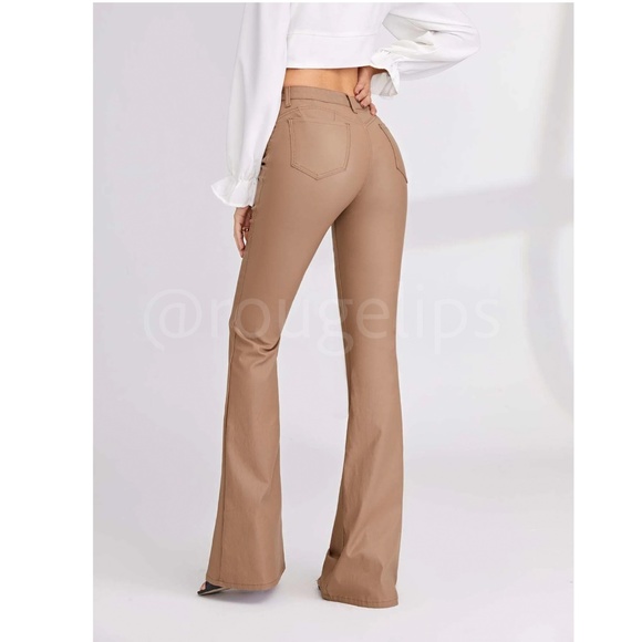 Tan Faux Leather Wax Coated Jeans Flared Leg Bell Bottom High Waist - Picture 4 of 15